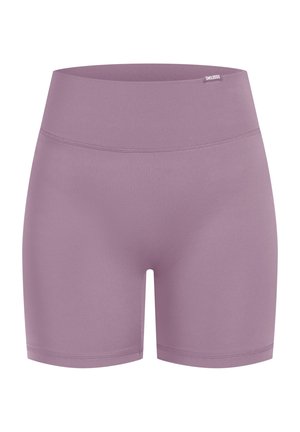 Fialové sportovní šortky vyrobené z elastického materiálu s vysokým pasem a hladkou texturou, bez viditelných vzorů nebo kovových doplňků.