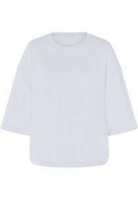 Svetle modré oversized tričko s kulatým výstřihem, krátkými rukávy a hladkým povrchem. Design má jednoduchý, nezdobený vzhled.