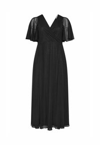 Vestido negro de longitud a la rodilla con un escote en V profundo, mangas de vuelo y un diseño de cintura fruncida. Presenta un sutil brillo en la tela.