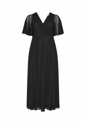 Abito nero al ginocchio con scollatura a V profonda, maniche a farfalla e una vita arricciata. Presenta una leggera lucentezza sulla stoffa.