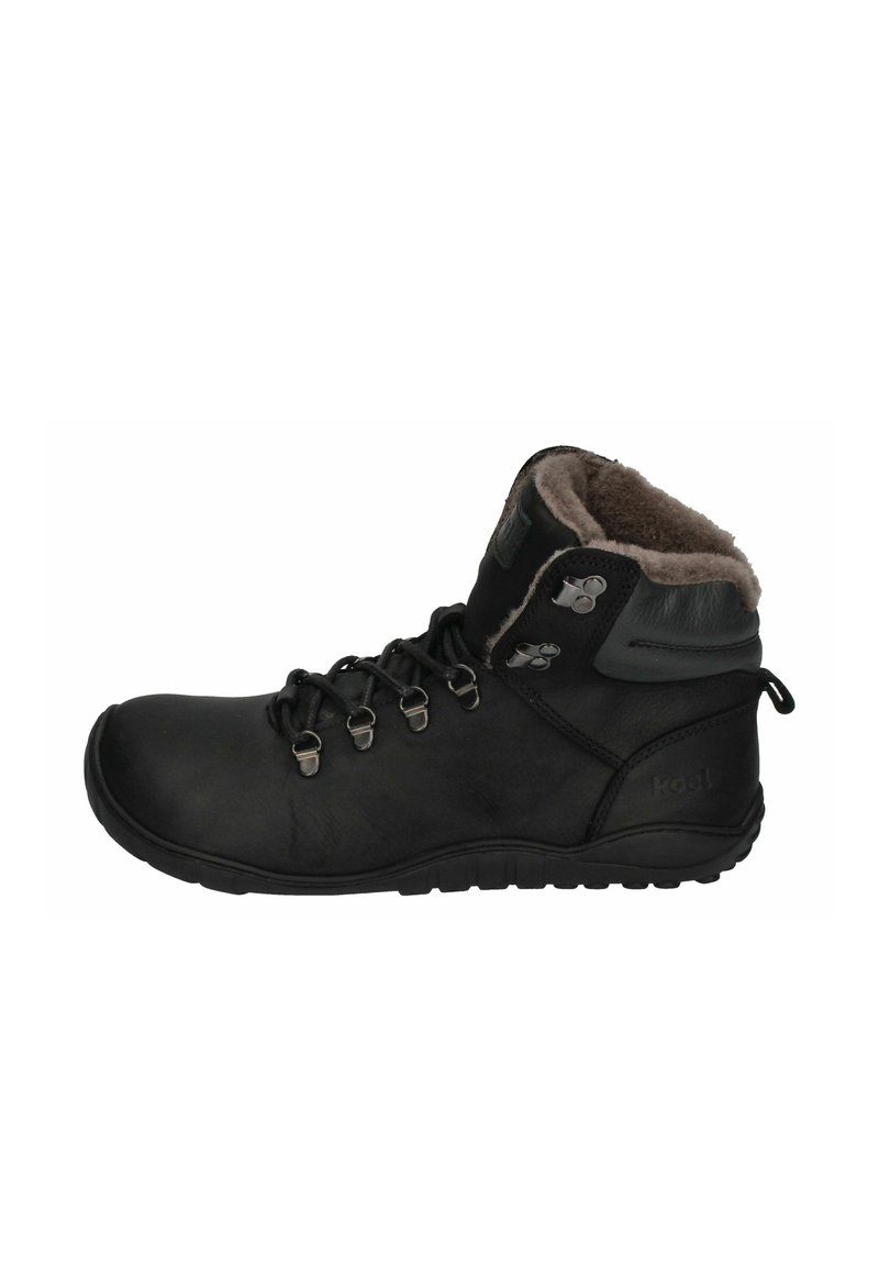 Schwarze Leder-Wanderschuhe mit weichem braunem Fellfutter, Metallösen und gepolstertem Kragen für Komfort. Flexible Gummisohle.