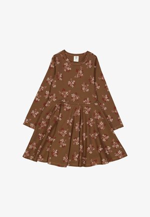 Abito a maniche lunghe in tessuto marrone con un motivo floreale in rosa e rosso. Design a gonna svasata; consistenza morbida e liscia con scollatura rotonda classica.