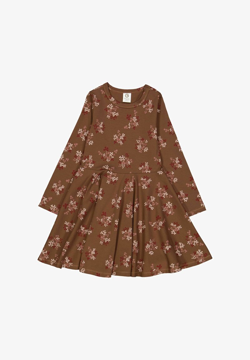 Langärmliges Kleid aus braunem Stoff mit floralem Muster in Pink und Rot. Ausgestellter Rock; weiche, glatte Textur mit klassischem Rundhalsausschnitt.