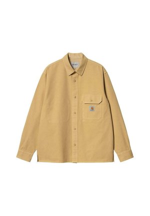 Camisa de botones color marrón hecha de algodón, con mangas largas, un cuello, un bolsillo en el pecho y un pequeño parche con logo en el bolsillo.