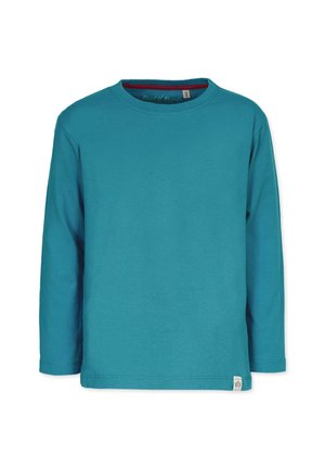 Turkise langærmet t-shirt lavet af blødt bomuld. Har en rund halsudskæring og et lille mærke i nederste venstre side. Simpelt, ensfarvet design.