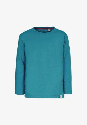 Turkise langærmet t-shirt lavet af blødt bomuld. Har en rund halsudskæring og et lille mærke i nederste venstre side. Simpelt, ensfarvet design.