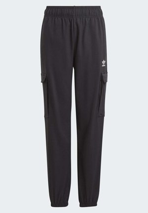 Pantaloni cargo neri con vita elastica, tasche laterali e un logo bianco nella parte superiore della coscia sinistra. Realizzati in tessuto liscio e flessibile.