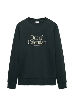Felpa verde scuro con scollatura rotonda e maniche lunghe, con la scritta "Fuori dal Calendario. DIVERTIMENTO NON PROGRAMMATO" stampata in bianco off sul fronte.