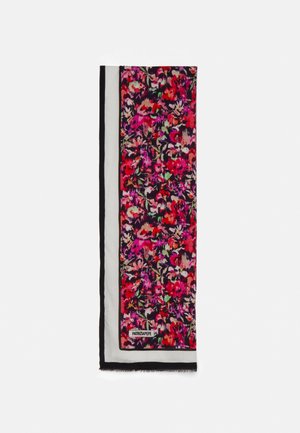 Écharpe rectangulaire avec un motif floral vibrant rouge, rose et violet d'un côté, bordure blanche et noire de l'autre côté, pliée soigneusement.