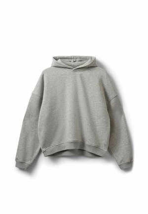 Lichtgrijze hoodie met lange mouwen en geribbelde manchetten, plat weergegeven op een witte achtergrond.