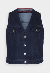 Jeansowa kamizelka w ciemnym granacie z dekoltem w serek, srebrnymi zatrzaskami i kieszeniami na piersi. Posiada dopasowany krój i surowe wykończenie na dole.