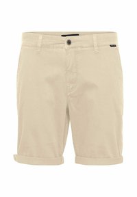 Pantalones cortos de algodón beige con dobladillo de puño, tejido ligero, cierre de botón y una pequeña etiqueta de la marca en la cintura.