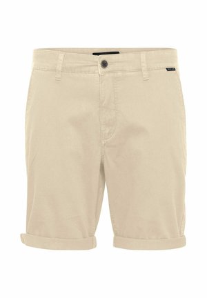 Shorts en coton beige avec un ourlet retroussé, tissu léger, fermeture à bouton et une petite étiquette de marque sur la taille.