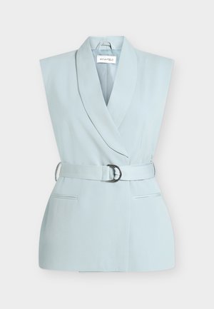 Light blue sleeveless blazer with a notched lapel, belted waist featuring a metal buckle, and two front pockets. Smooth fabric texture.