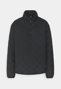 Zwarte doorgestikte pulloverjas met een hoge kraag, halve rits aan de voorkant en elastische manchetten. Gemaakt van een zacht, gestructureerd materiaal.