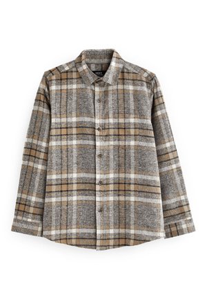 Chemise à manches longues boutonnée avec motif à carreaux marron, beige, blanc et gris et col classique.