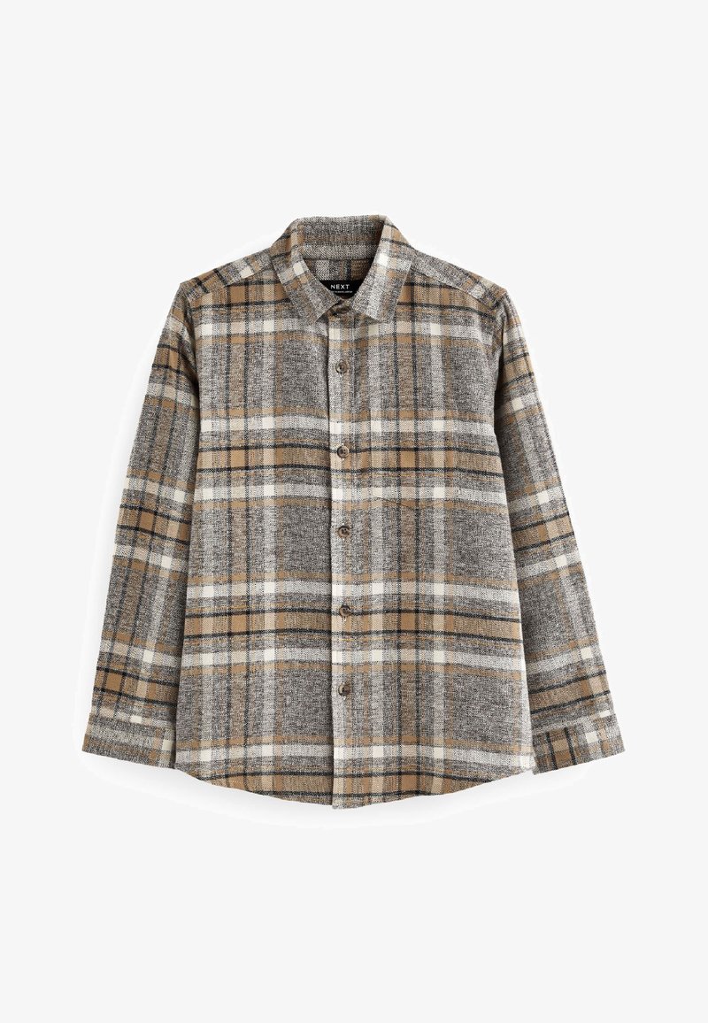 Chemise à manches longues boutonnée avec motif à carreaux marron, beige, blanc et gris et col classique.