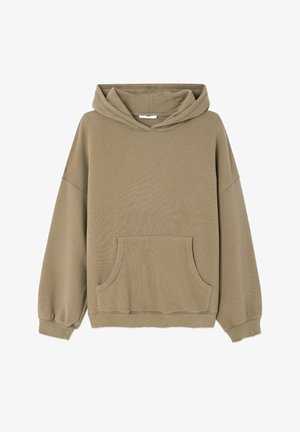 Sudadera beige de gran tamaño con bolsillo canguro delantero, mangas largas y capucha, hecha de tela suave y texturizada.