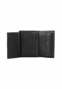 Portefeuille en cuir noir avec plusieurs emplacements pour cartes et compartiments, présentant une texture lisse et un design sobre.