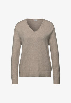 Beige v-hals trui gemaakt van een zachte gebreide stof. Heeft lange mouwen en een geribbelde zoom, met een eenvoudig en klassiek ontwerp.