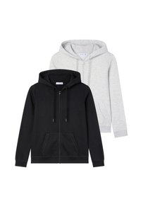 Due felpe con zip: una nera e una grigia chiaro. Entrambe presentano tasche a marsupio, stringhe regolabili e polsini a coste. Tessuto morbido.