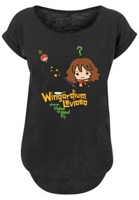 Black short-sleeve t-shirt featuring a cartoon graphic of a girl with brown hair and a wand, surrounded by stars and the text "Wingardium Leviosa."