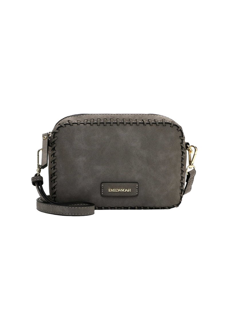 Sac bandoulière en simili cuir gris avec des accents couturés, forme rectangulaire, fermeture éclair et une bandoulière amovible pour un transport polyvalent.