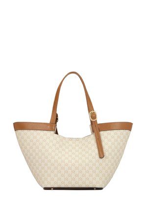 Borsa a tracolla in materiale sintetico crema con rifiniture in pelle marrone. Presenta un motivo logo sottile, doppi manici e una base arrotondata.