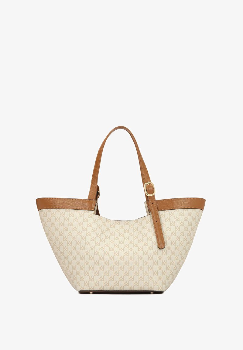 Τσάντα tote από κρέμα συνθετικό υλικό με καφέ δερμάτινες λεπτομέρειες. Διαθέτει διακριτό μοτίβο λογότυπου, διπλές λαβές και στρογγυλή βάση.