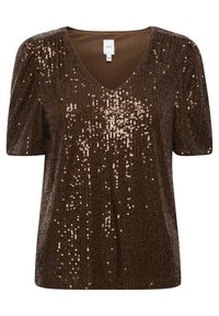 Brun kortärmad topp med V-ringning, täckt av paljetter, med en texturerad tyg och en avslappnad passform. Märkesetikett synlig inuti halsringningen.