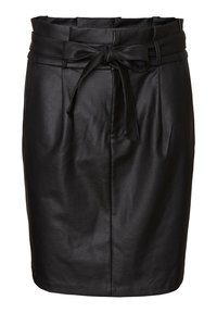 Jupe en cuir noir avec taille haute, ceinture à nouer, design plissé et coupe droite. Texture lisse et sans motifs visibles.