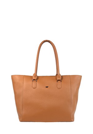 Borsa a tote in pelle tan con superficie testurizzata, doppio manico e piccolo logo nero. Presenta un design aperto e spazioso adatto all'uso quotidiano.