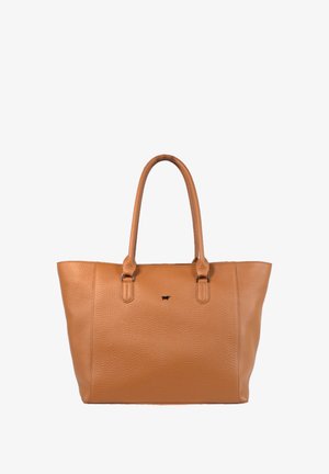 Borsa a tote in pelle tan con superficie testurizzata, doppio manico e piccolo logo nero. Presenta un design aperto e spazioso adatto all'uso quotidiano.