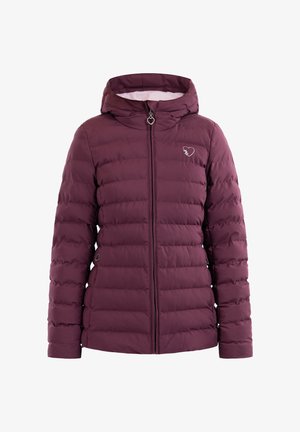 Burgundi színű steppelt dzseki kapucnival, rózsaszín bélésbel, elöl cipzárral záródik, és kis szívlogóval a mellrészen.