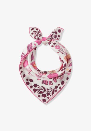 Witte zijden sjaal met een geknoopte knoop, voorzien van roze en paarse bloemmotieven en tekst, afgewerkt met een dunne roze rand.