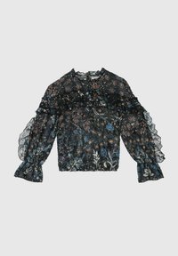 Blouse noire transparente avec des accents froncés, motif floral dans différentes couleurs, manches longues avec des poignets volants et col rond.
