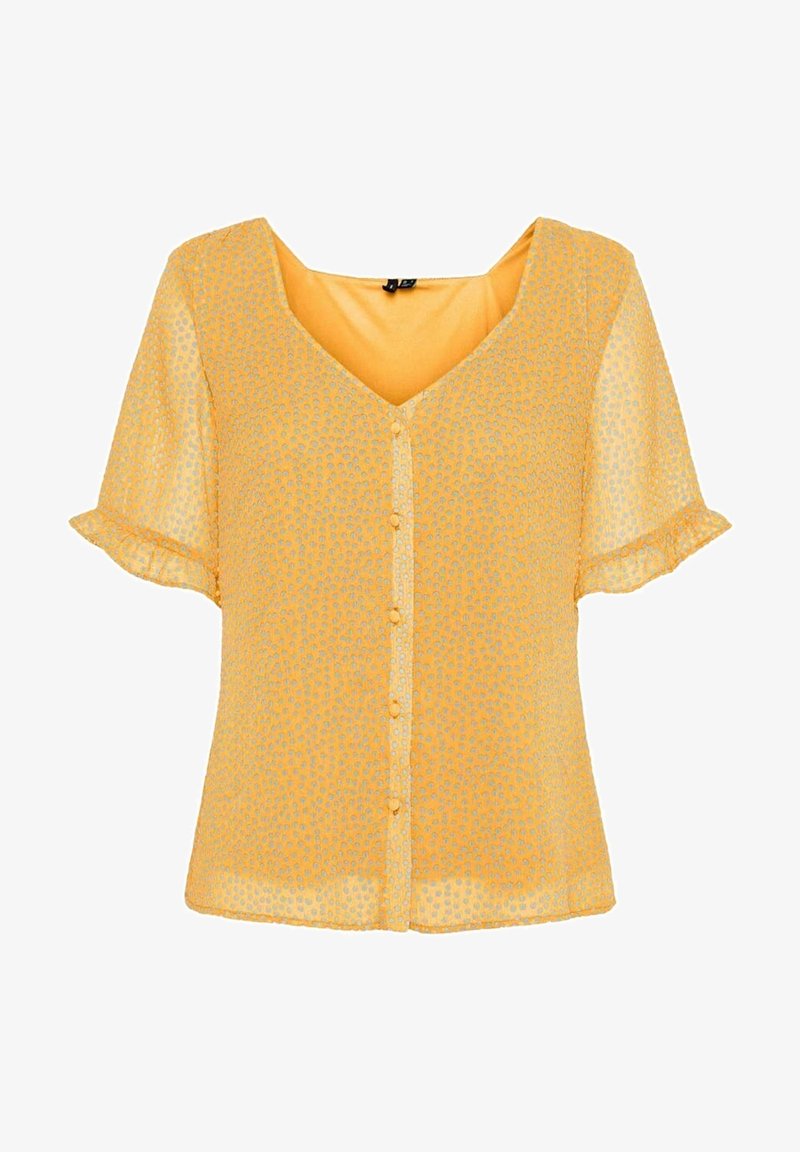 Blouse jaune à manches courtes avec un col en V, présentant un motif texturé et une fermeture à boutons sur le devant. Tissu léger et transparent avec des manches à volants.