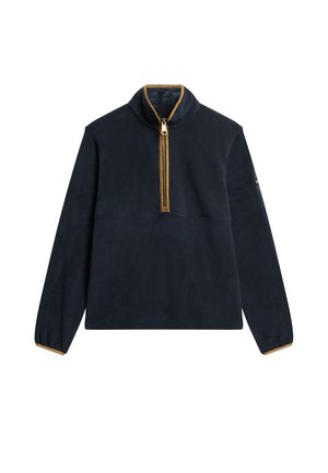 Donkerblauwe fleece pullover met een halve rits, contrasterende gouden rits en beige accenten op de kraag en mouwen. Zachte textuur, ontspannen pasvorm.