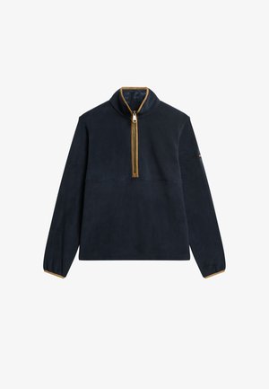 Sudadera de forro polar azul marino con media cremallera, cremallera dorada de contraste y detalles en color beige en el cuello y los puños. Textura suave, corte relajado.
