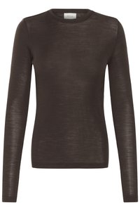 Brown long-sleeve crew neck fitted top with a lightweight, slightly sheer knit fabric.