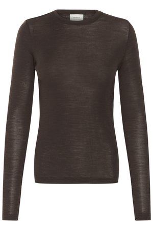 Brun langermet genser med rund hals, i en tettsittende fasong laget av lett, noe gjennomsiktig strikket stoff.