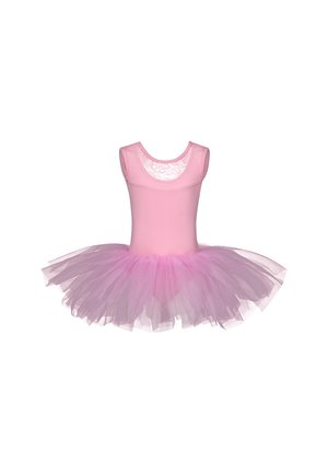 Helle rosa Ballettkleid mit taillierter Oberkorpus, einem transparenten, mit Blumen verzierten Ausschnitt und einem schichten Tüllrock in dunkleren Rosatönen.