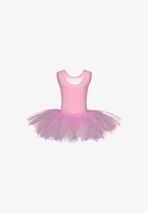 Light pink ballet dress with a fitted bodice, a sheer floral-accented neckline, and a layered tulle skirt in darker pink hues.