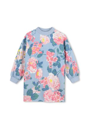 Lichtblauwe lange mouwenjurk met geribbelde manchetten en halslijn, met grote roze en witte bloemenpatronen met groene bladeren.