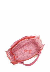 Sac fourre-tout en tissu rose avec une fermeture éclair, doté d'un intérieur à motifs rose clair avec des illustrations d'animaux et des accents à pois.