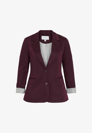 Dunkel-lila maßgeschneiderte Blazerjacke mit zwei Knöpfen, Reverskragen und gestreiften Manschetten, die über die weiße Futtergestaltung geschlagen sind.