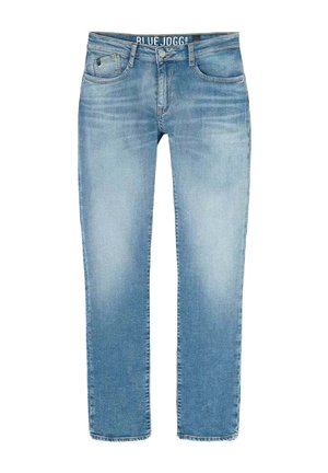Lichtblauwe denim jeans met een recht gesneden ontwerp, voorzien van een klassieke vijf-pocketstijl en een blauwe taillebandlabel met de tekst "BLUE JOGG."