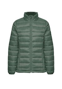 Vadderad jacka i mörkgrön, med hög krage, fullängds dragkedja fram och horisontell quiltad textur. Inga synliga detaljer eller accenter.