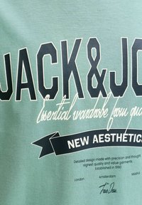 Grønt stof med sort og hvid tekst, der lyder "JACK & JONES", "Essential wardrobe", "NEW AESTHETIC" samt bynavne London, Amsterdam, Madrid.