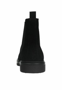 Bottines en suède noir avec des panneaux latéraux élastiques, une boucle pour un enfilage facile, et une semelle en caoutchouc texturé. Design minimaliste avec une silhouette épurée.